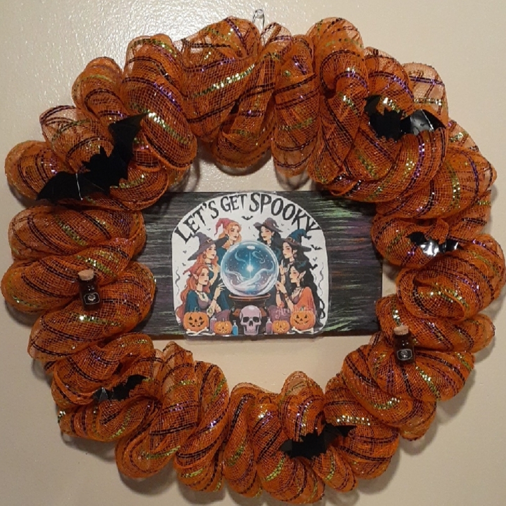 Halloween Orange Mesh Wreath with Bats
